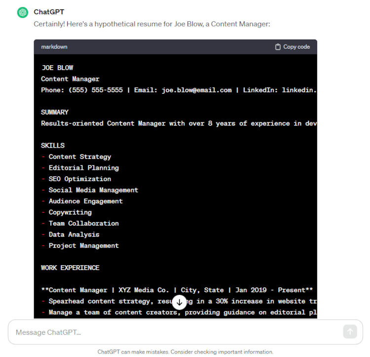 A resume made with ChatGPT