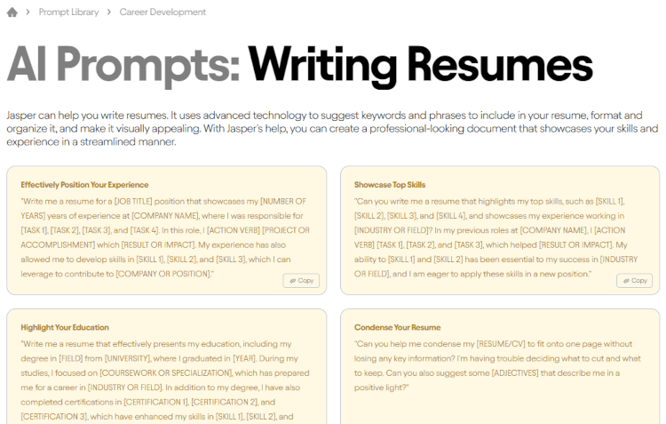 Jasper AI resume writing prompts