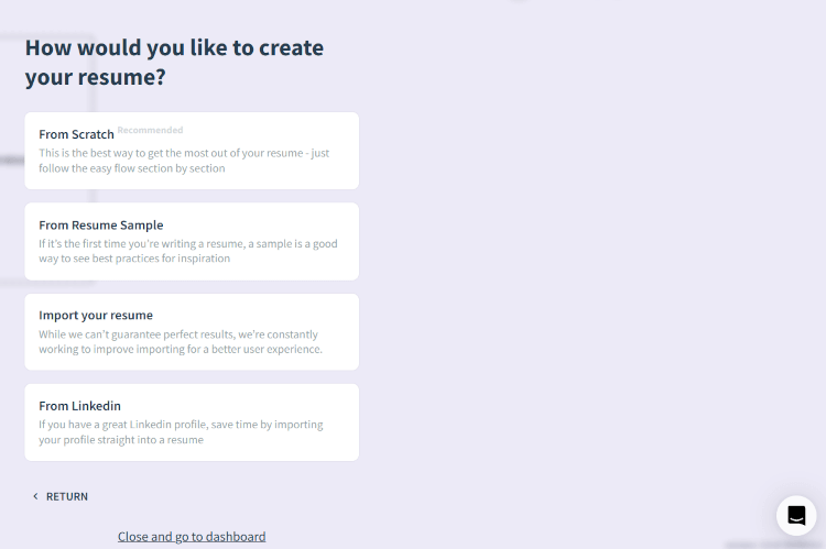 "How would you like to create your resume?" screen