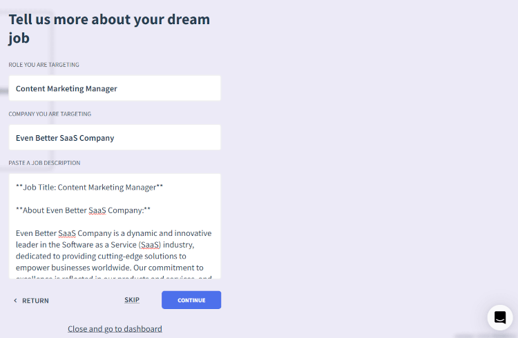 "Tell us more about your dream job" screen
